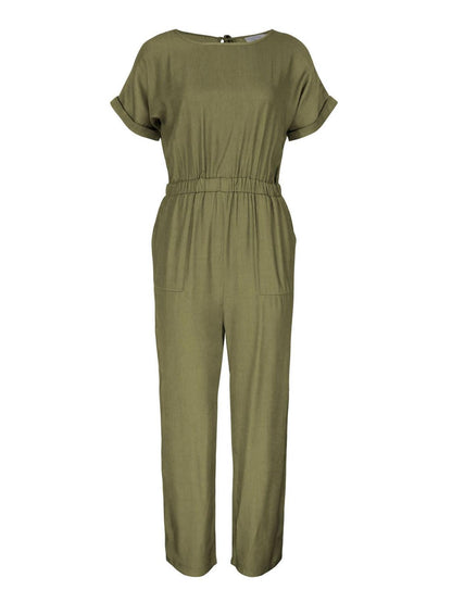 Back Detail Short Sleeve Jumpsuit In Olive Green