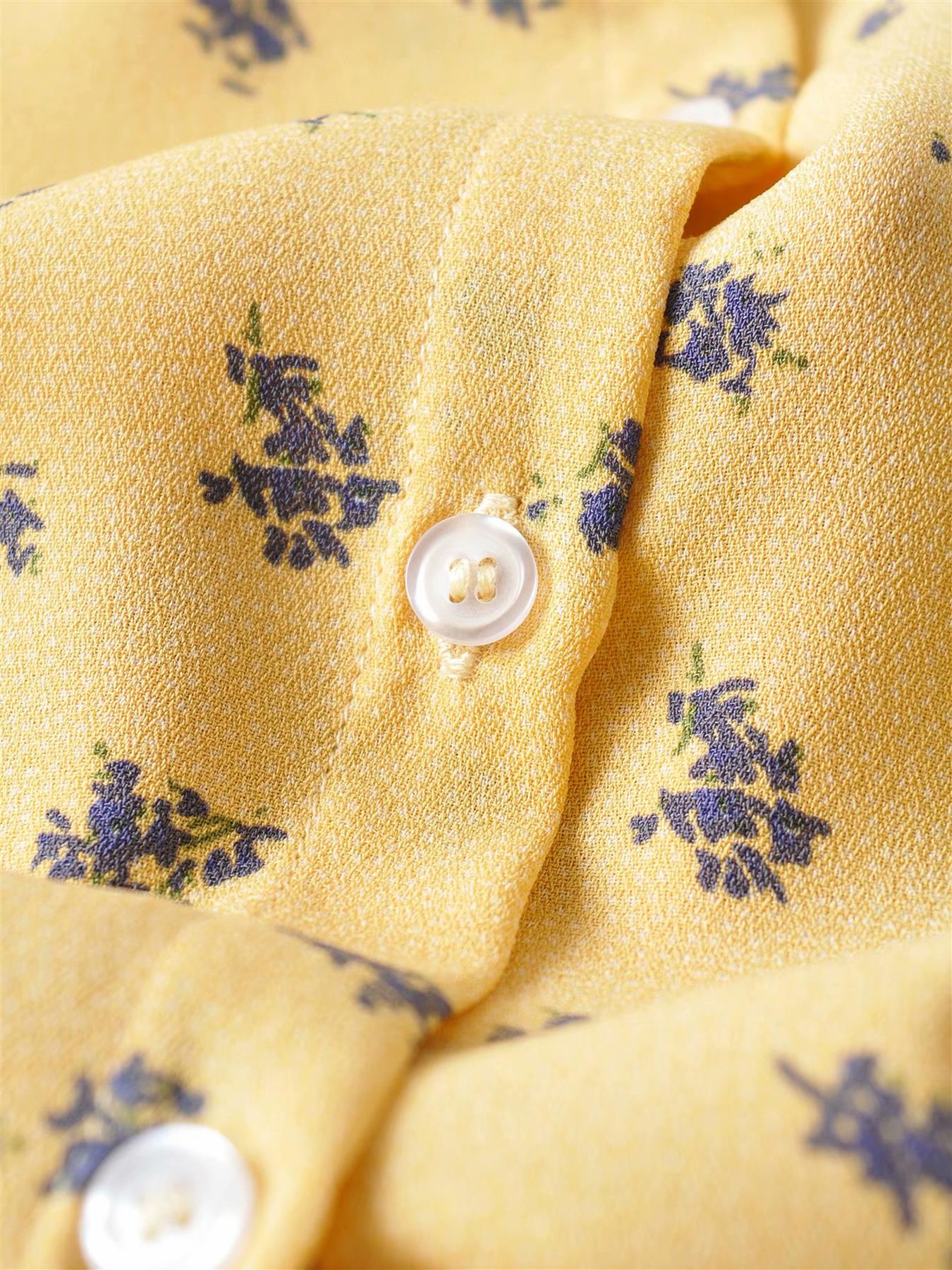 Charming Front Button Tea Dress In Yellow & lavender Print