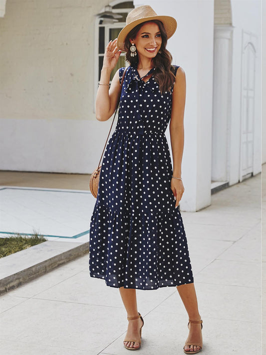 Tiered Midi Dress In Navy Polka Dot