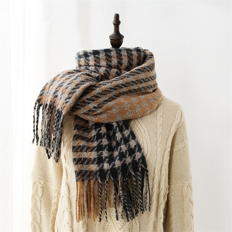 Imitated Cashmere Houndstooth Tassled Shawl Scarf