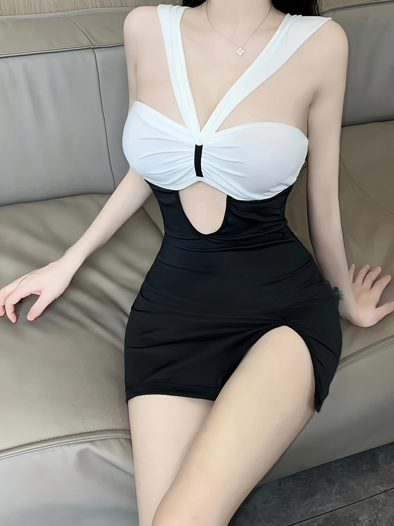 Free Shipping For Hot Colorblock Ruched Dress, Hollow Out Bodycon Babydoll, Women's Sexy Lingerie & Underwear