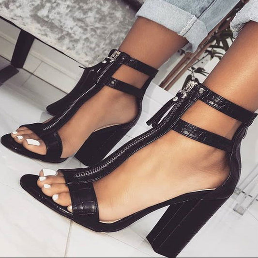 Block Heel Cutout Open Toe Leather Sandals