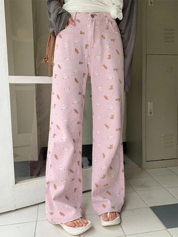 Pink Bear Print Boyfriend Jeans