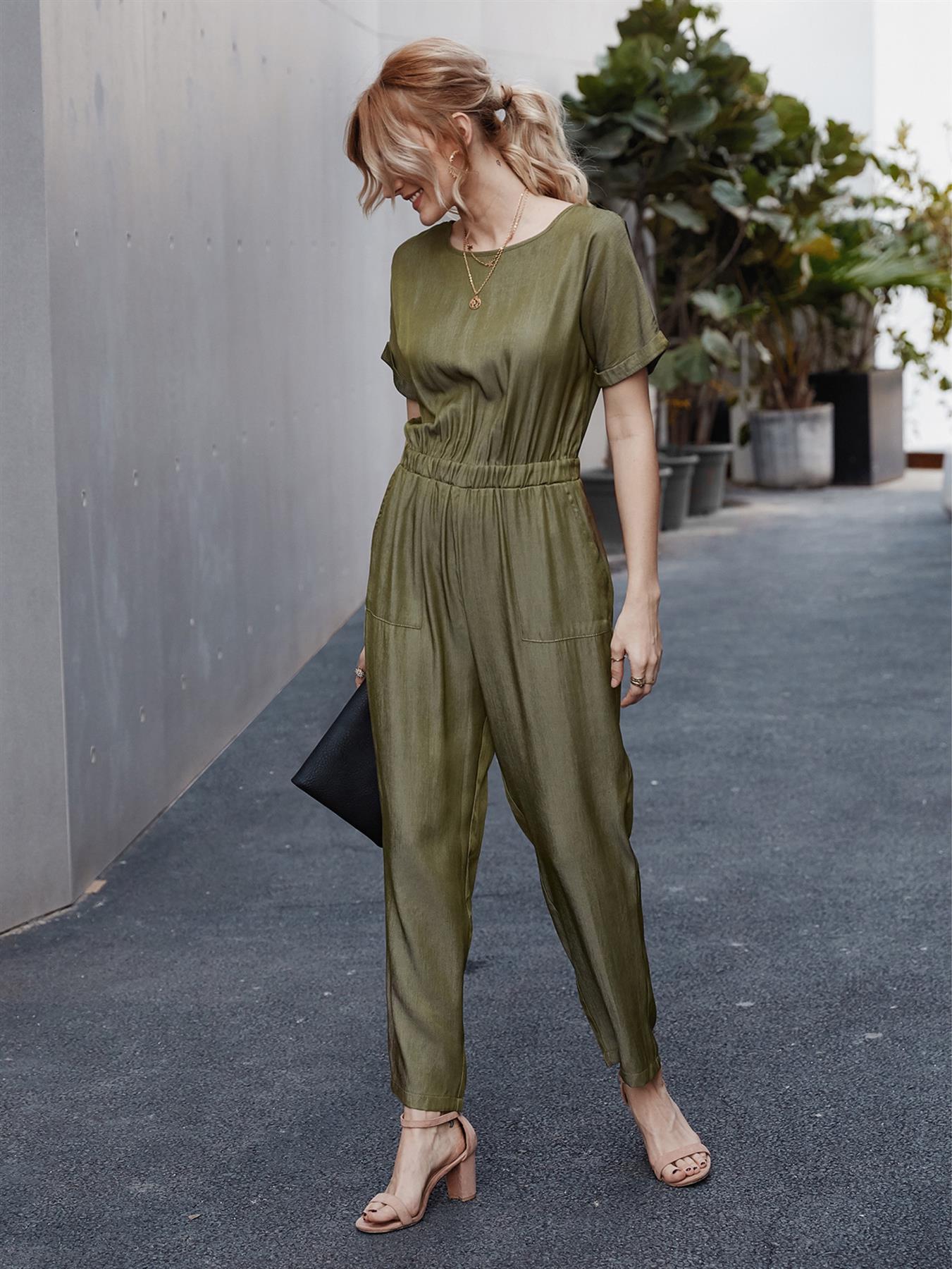 Back Detail Short Sleeve Jumpsuit In Olive Green