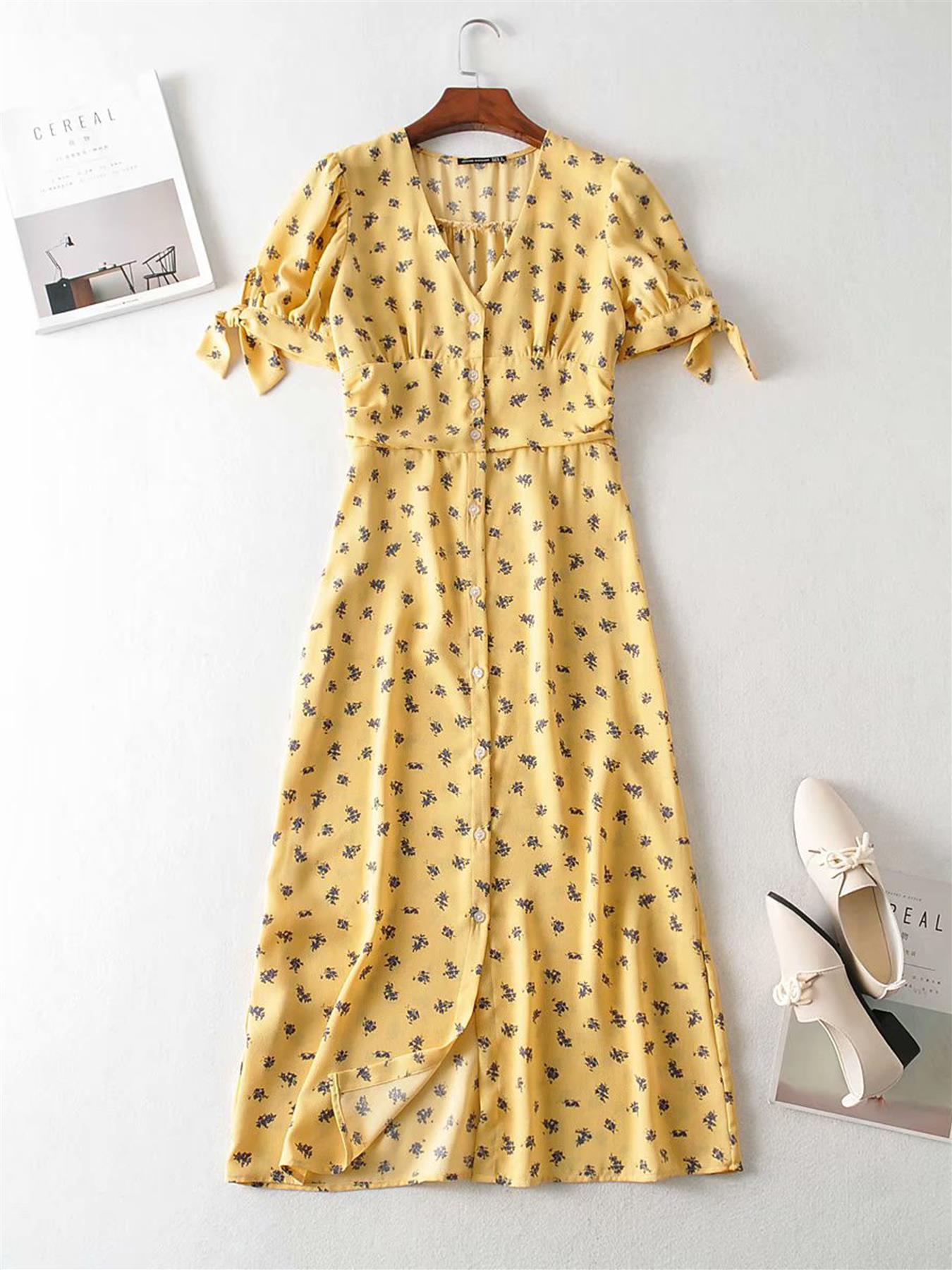 Charming Front Button Tea Dress In Yellow & lavender Print