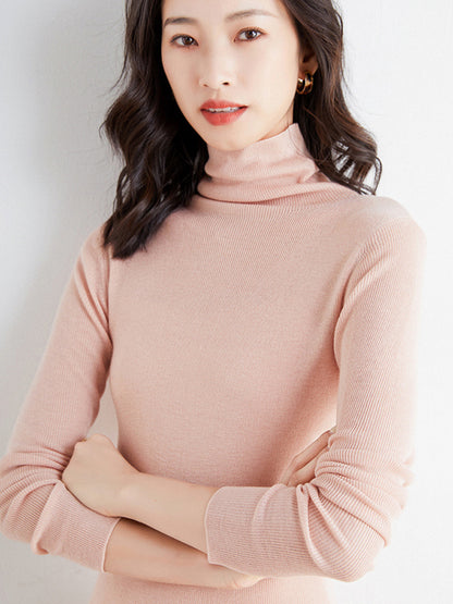 Simple Skinny Long Sleeves Solid Color High-Neck Sweater Tops Pullovers-Homeunderwear