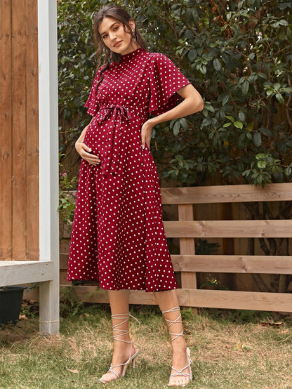 Free Shipping ForFashionable and comfortable short sleeved polka dot chiffon maternity dress with straps