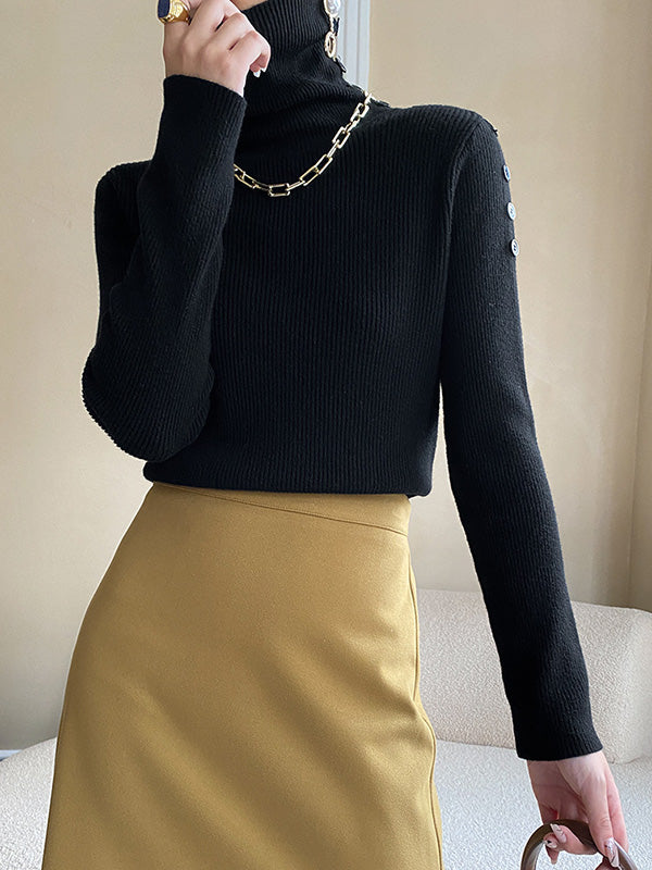 Casual Skinny Long Sleeves Solid Color High-Neck Sweater Tops-Homeunderwear