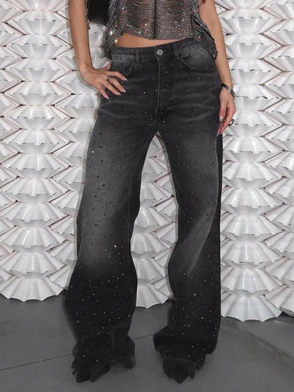 Wash Distressed Rhinestone High Rise Boyfriend Jeans