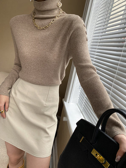 Casual Skinny Long Sleeves Solid Color High-Neck Sweater Tops-Homeunderwear