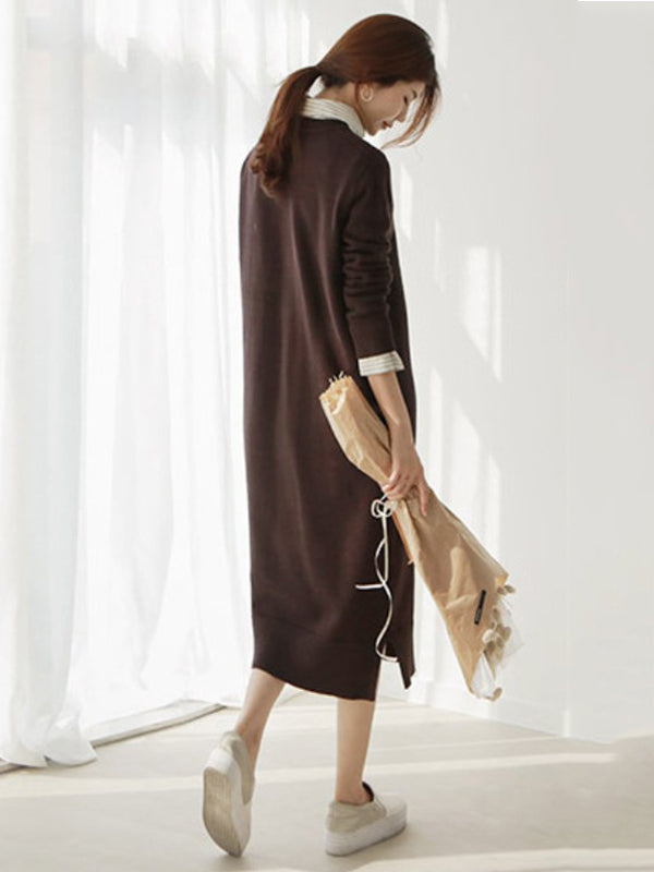 Casual Long Sleeves Loose Solid Color Round-Neck Sweater Dresses-Homeunderwear