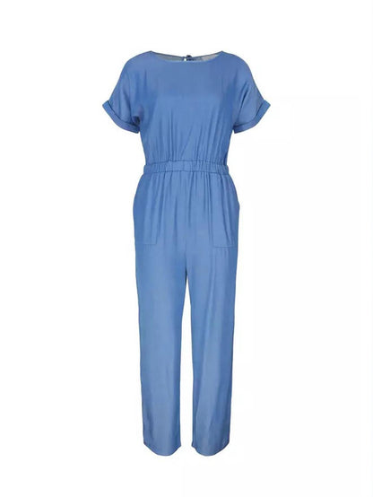 Back Detail Short Sleeve Jumpsuit In Blue