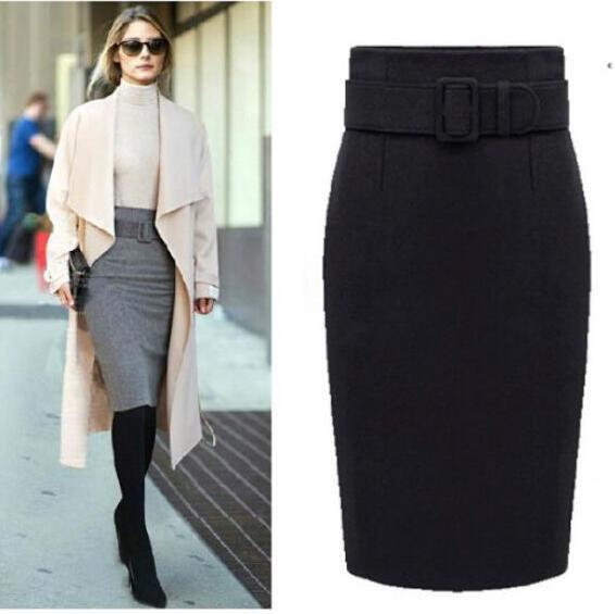 Clearance Fashion Belt Buckle Pure Color Cotton Pencil Skirt