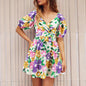 Free Shipping ForFlowers Print V-Neck Lantern-sleeve Dress Y2K Summer Vacation Beach Short Dresses Fashion Womens Clothing