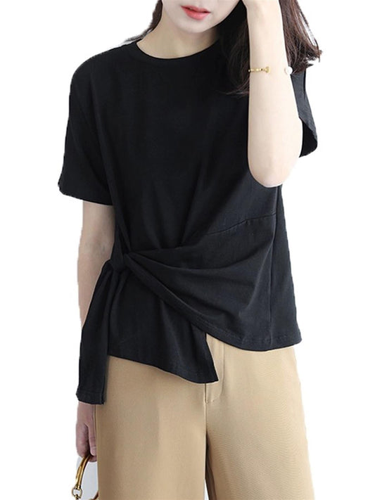 Simple Style Black Tee With Tie Detail