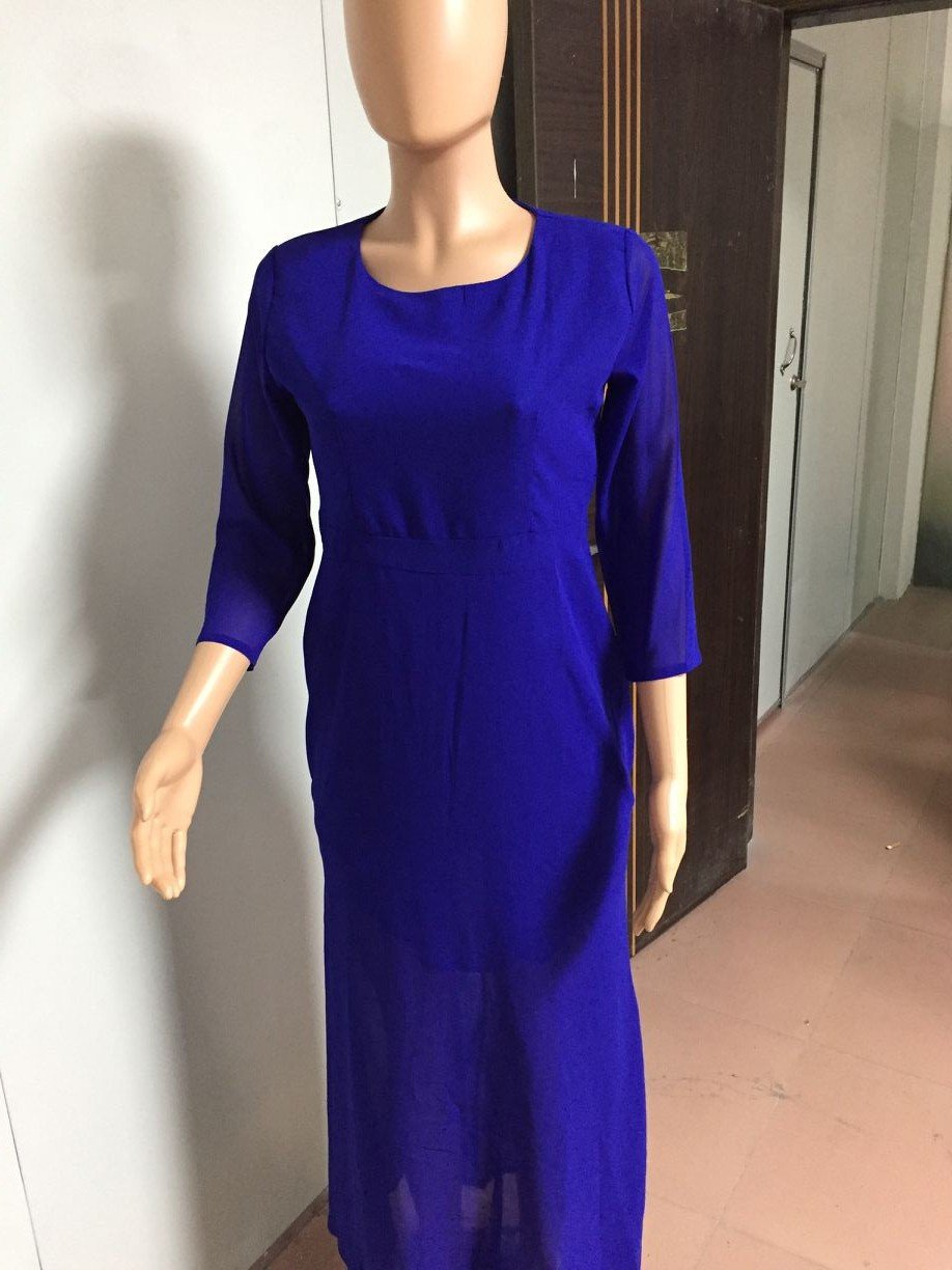 Slim Pure Color 3/4 Sleeves Pleated Long Maxi Dress