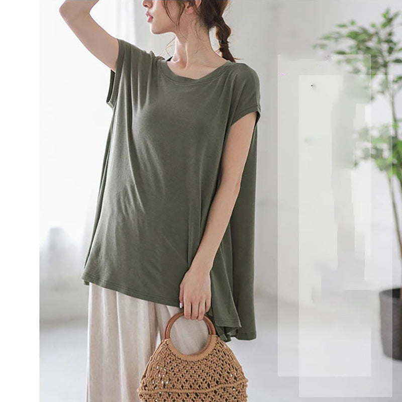 Casual Simple Loose Solid Color Pleated Round-Neck Short Sleeves T-Shirt Tops