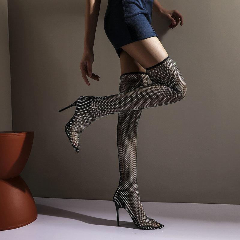 Rhinestone Mesh elastic long high tube socks Knee Boots