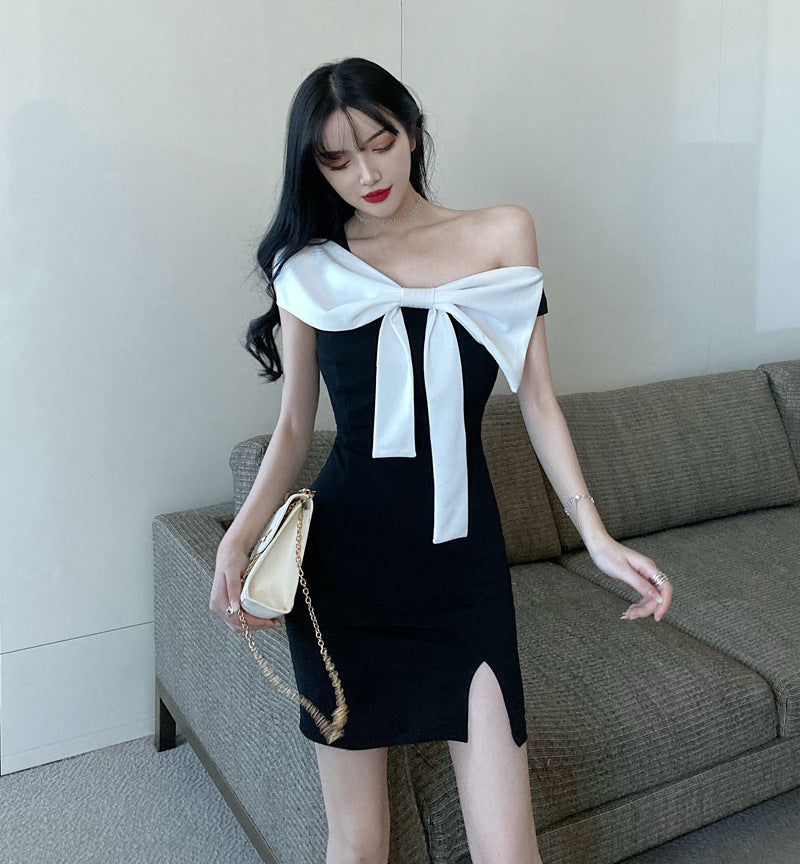 Bow Tie Diagonal Shoulder Slim Split Hip Wrap Dress-Homeunderwear