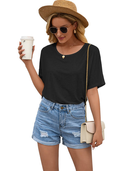 Round neck short sleeve cut out lace stitching T-shirt