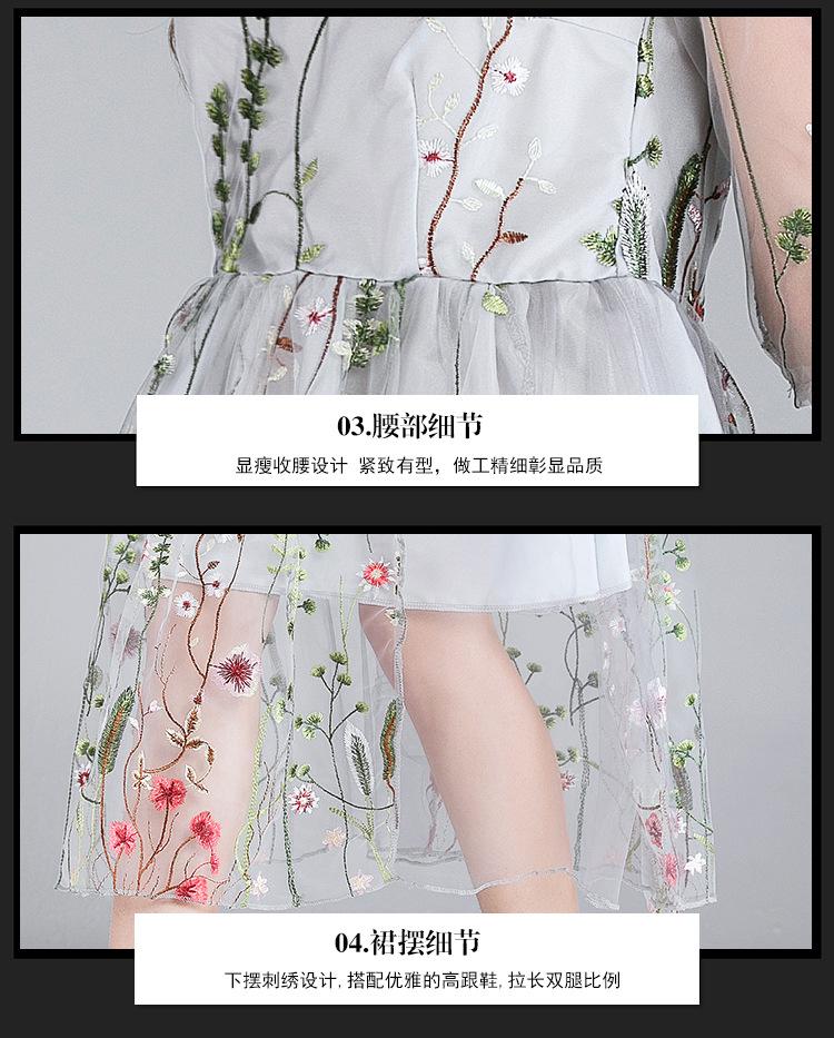 Embroidery Flowers Transparent Mesh Patchwork Tee-length Dress