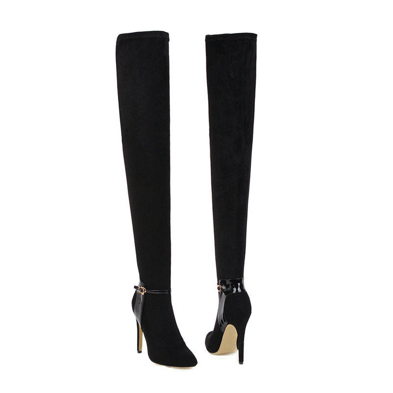 Autumn And Winter Pointed Ultra-Fine High Heel Elastic Velvet Knee High Boots-Homeunderwear