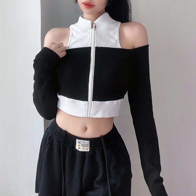 Off shoulder fake two piece contrast long sleeve T-shirt-homeunderwear