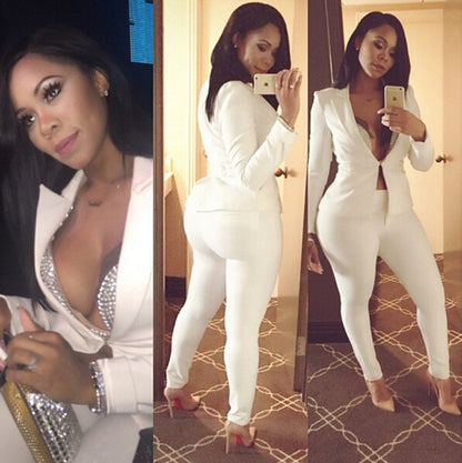 Clearance Pure Color Deep V-neck Blazer with Skinny Pants Two Pieces Set