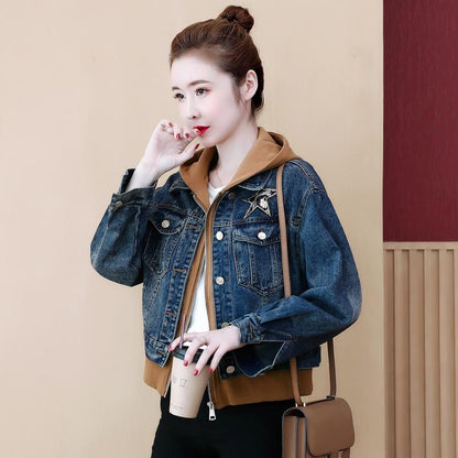 Fashion Hooded Loose Denim Coat Fake Two-Piece Set