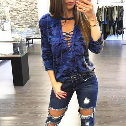 V-neck Camouflage Print Long Sleeves Blouse