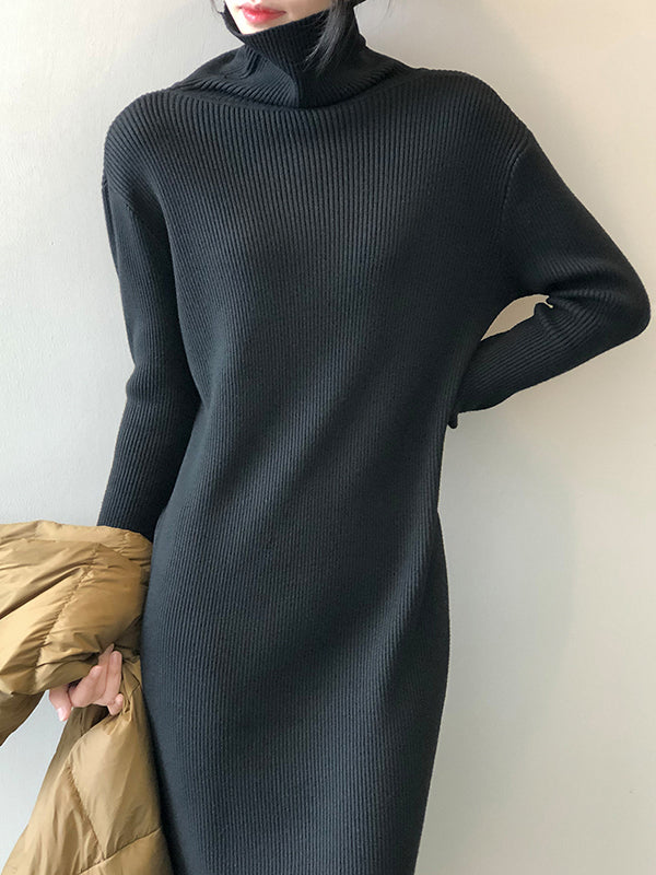 Urban Loose Long Sleeves Split-Side Solid Color High-Neck Sweater Dresses-Homeunderwear