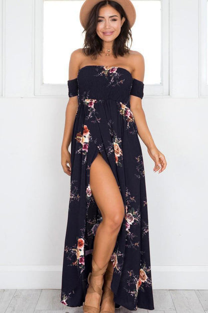 Clearance Off Shoulder Short Sleeves Low High Split Flower Print Long Beach Dress