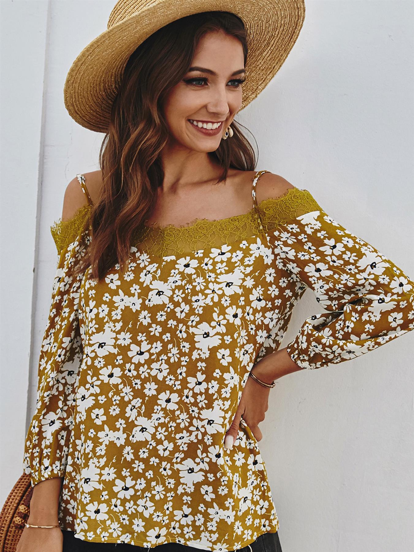 Lace Trim Off The Shoulder Top In Mustard Daisy Floral Print