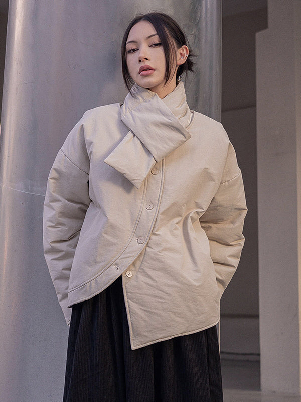 Urban Long Sleeves Buttoned Asymmetric Solid Color Round-Neck Padded Coat With Scarf