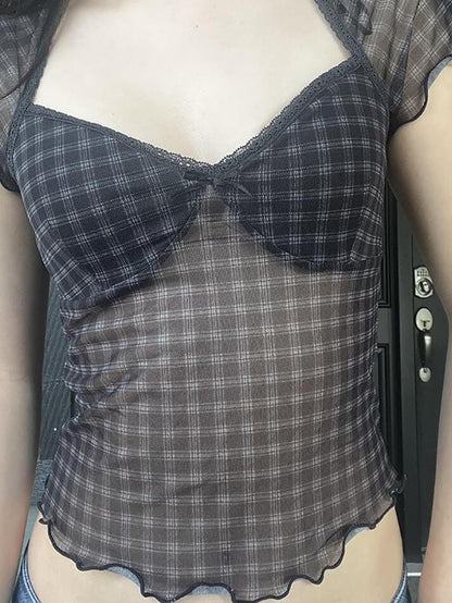 Vintage Plaid Mesh Ruffle Top