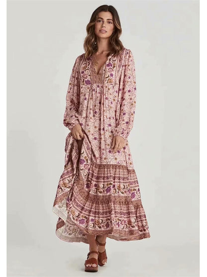 Boho Long Sleeve Tiered Smock Dress In Pink Floral Print