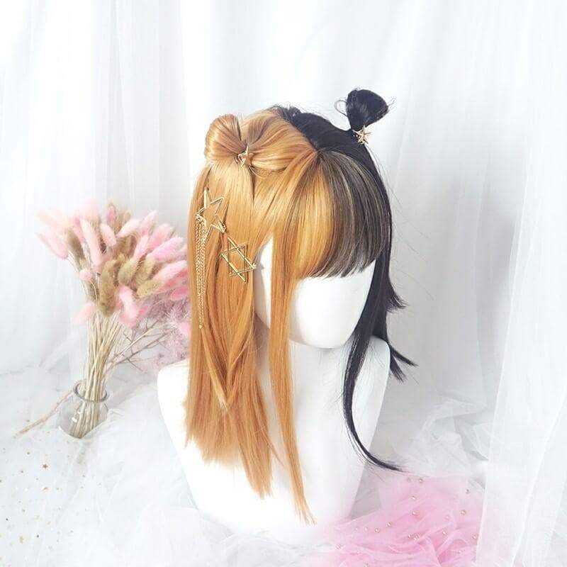 Free Shipping For Hivava Half Orange Half Black Mixed Double Color Girl Wig