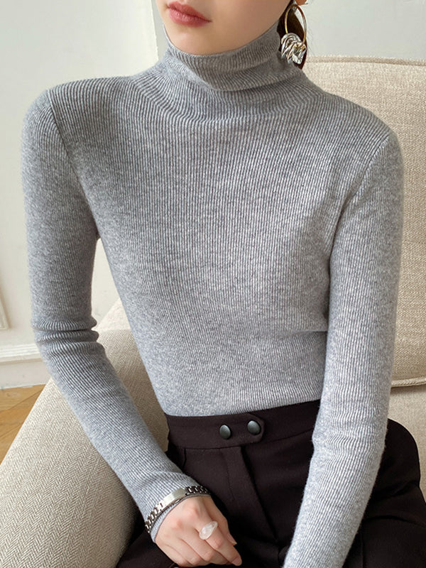 Simple Skinny Solid Color High-Neck Sweater Tops Pullovers-Homeunderwear