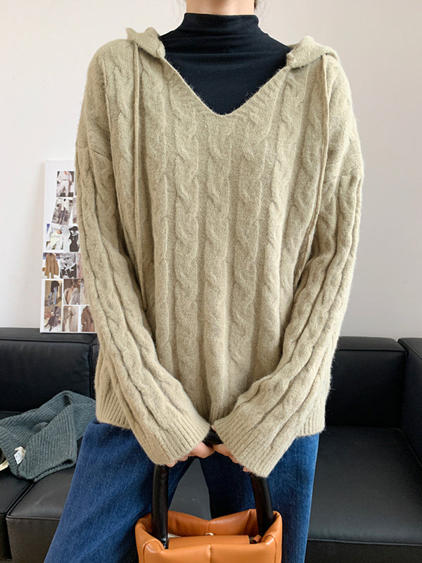 Casual Long Sleeves Loose Jacquard Solid Color Hooded Sweater Tops