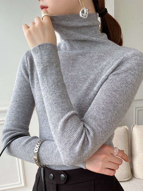 Simple Skinny Solid Color High-Neck Sweater Tops Pullovers-Homeunderwear