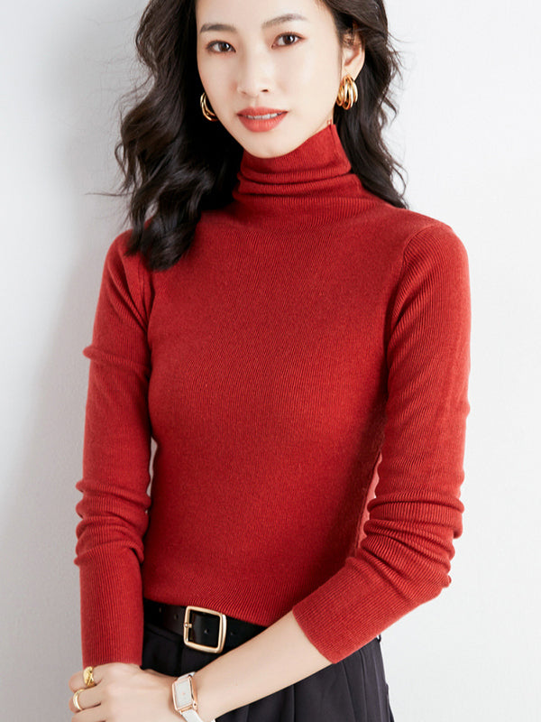 Simple Skinny Long Sleeves Solid Color High-Neck Sweater Tops Pullovers-Homeunderwear