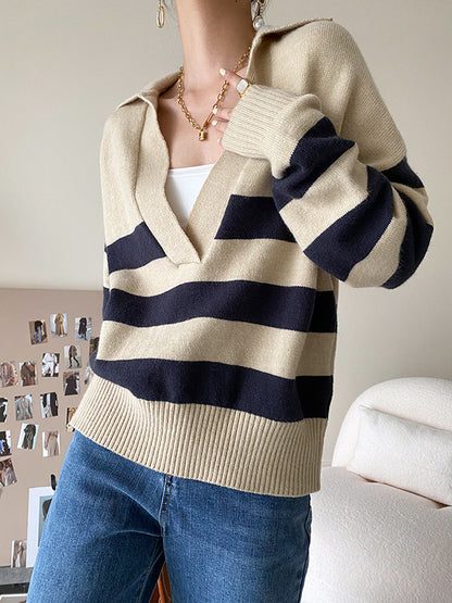 Original Creation Loose Long Sleeves Contrast Color Striped Deep V-Neck Sweater Tops