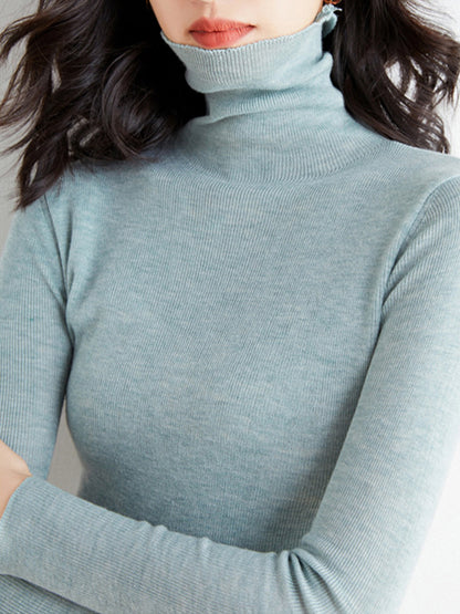 Simple Skinny Long Sleeves Solid Color High-Neck Sweater Tops Pullovers-Homeunderwear