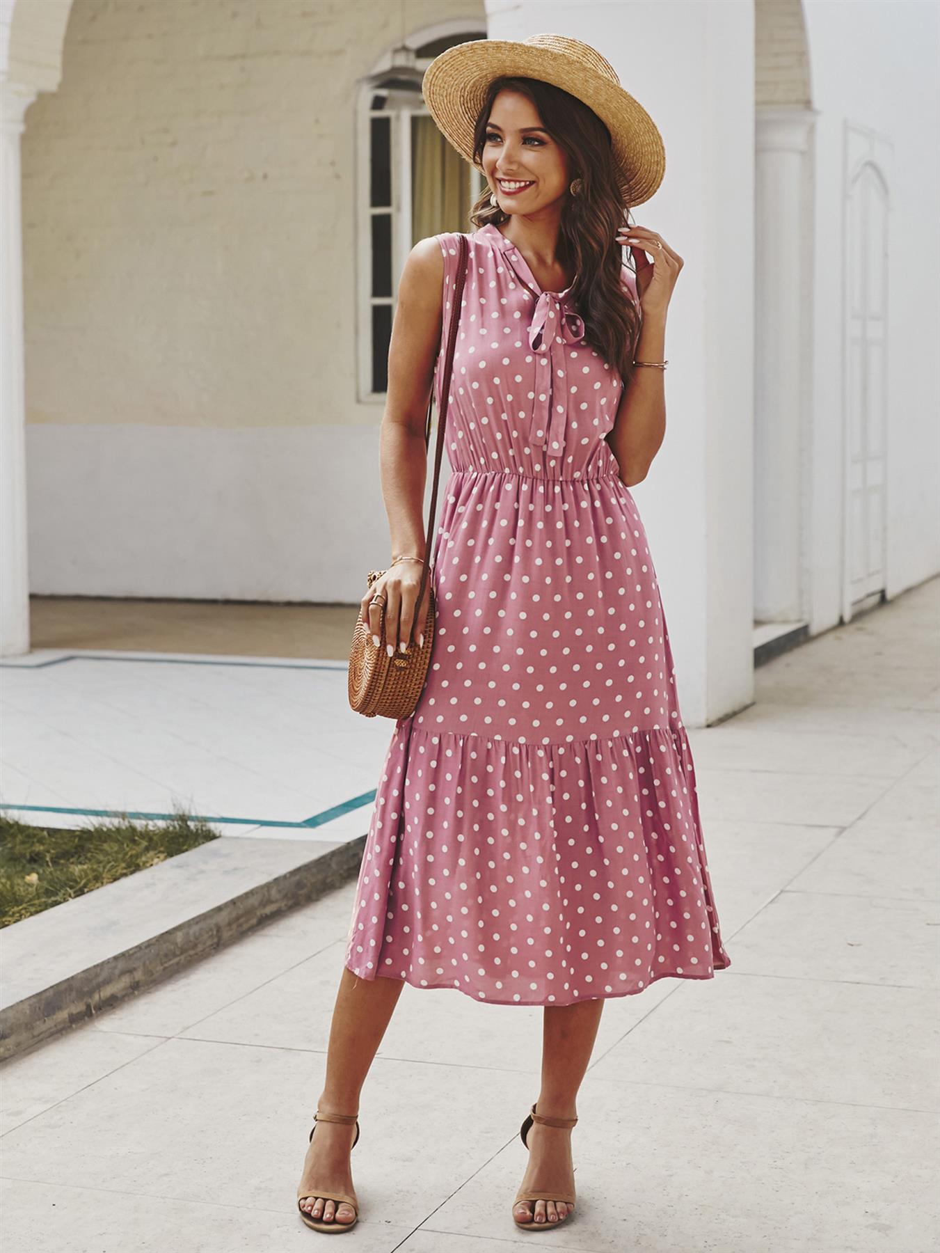 Tiered Midi Dress In Pink Polka Dot