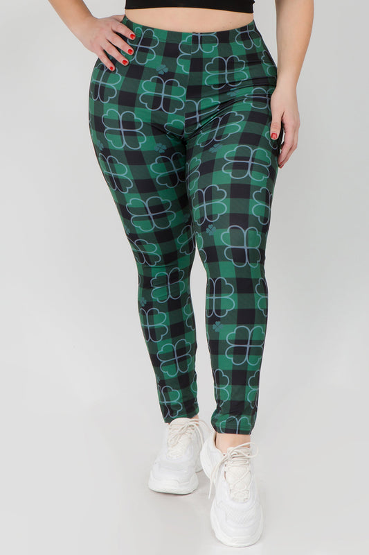 Free Shipping For Plus Size Stay Lucky Green Clover Printed Leggings