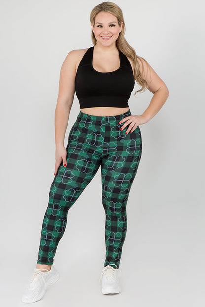 Free Shipping For Plus Size Stay Lucky Green Clover Printed Leggings