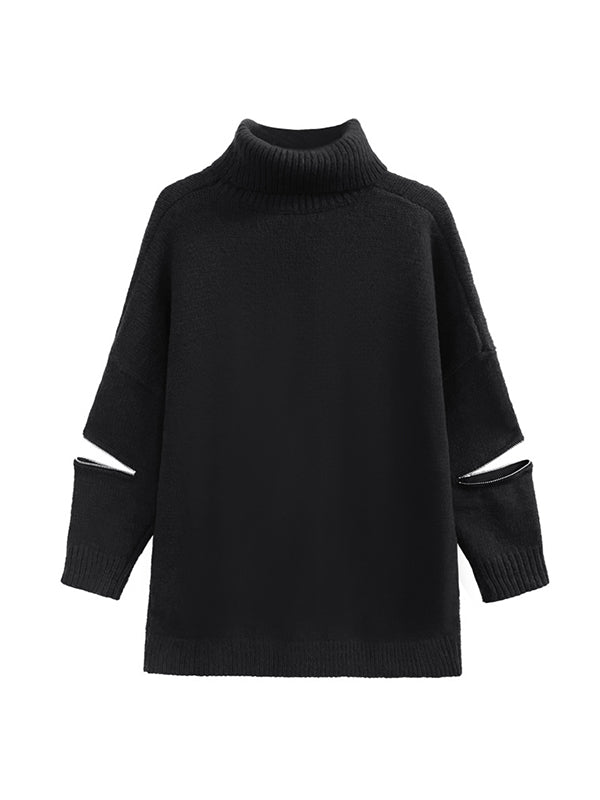 Casual Loose Long Sleeves Hollow Solid Color Zipper High-Neck Sweater Tops