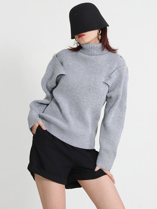 Casual Long Sleeves Loose Hollow Solid Color High-Neck Sweater Tops