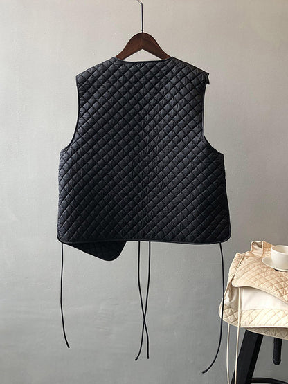 Casual Sleeveless Rhombic Quilted Lace-Up Asymmetric V-Neck Vest Top