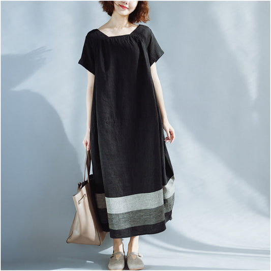 Artsy Plus Size Color Block Cotton Linen Dress